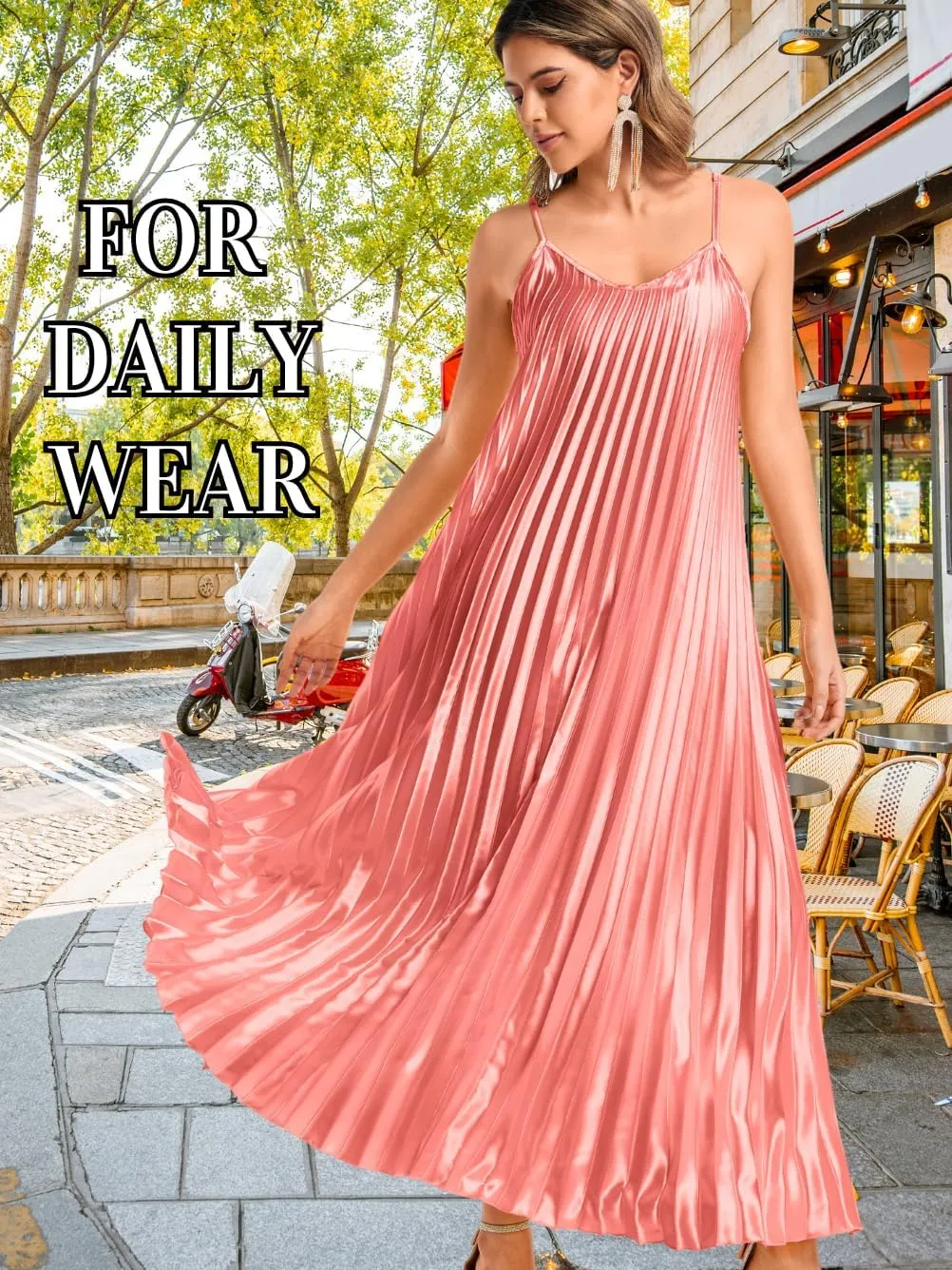 Kaei&Shi Satin Pleated Dress,Spaghetti Strap Flowy Long Sundress for Women,Classy Beach Wedding Guest Dresses Cocktail Party