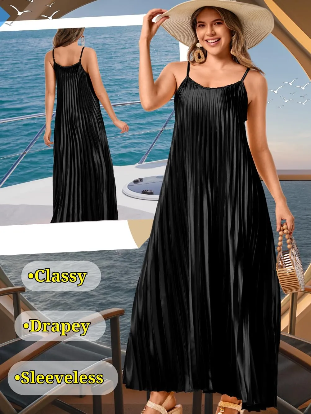Kaei&Shi Satin Pleated Dress,Spaghetti Strap Flowy Long Sundress for Women,Classy Beach Wedding Guest Dresses Cocktail Party