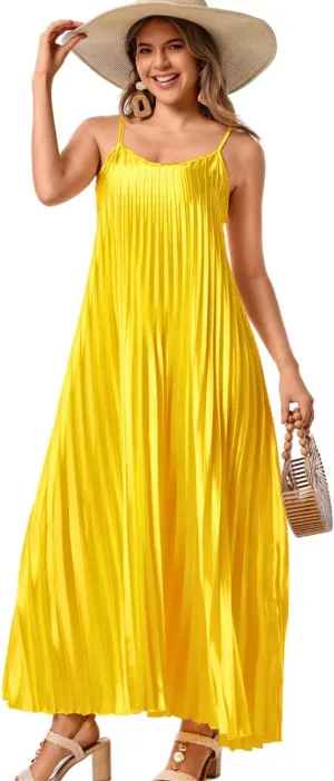 Kaei&Shi Satin Pleated Dress,Spaghetti Strap Flowy Long Sundress for Women,Classy Beach Wedding Guest Dresses Cocktail Party
