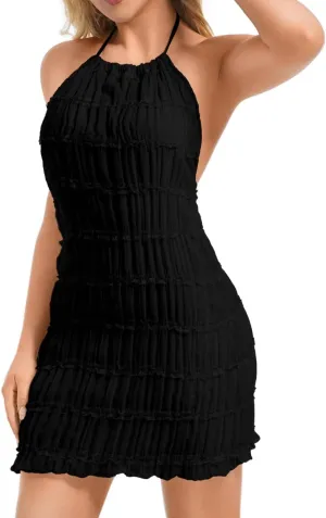 Kaei&Shi Summer Halter Chiffon Dresses,Backless Tiered Mini Dress,Women Ruched Lace Trim Beach Sundress