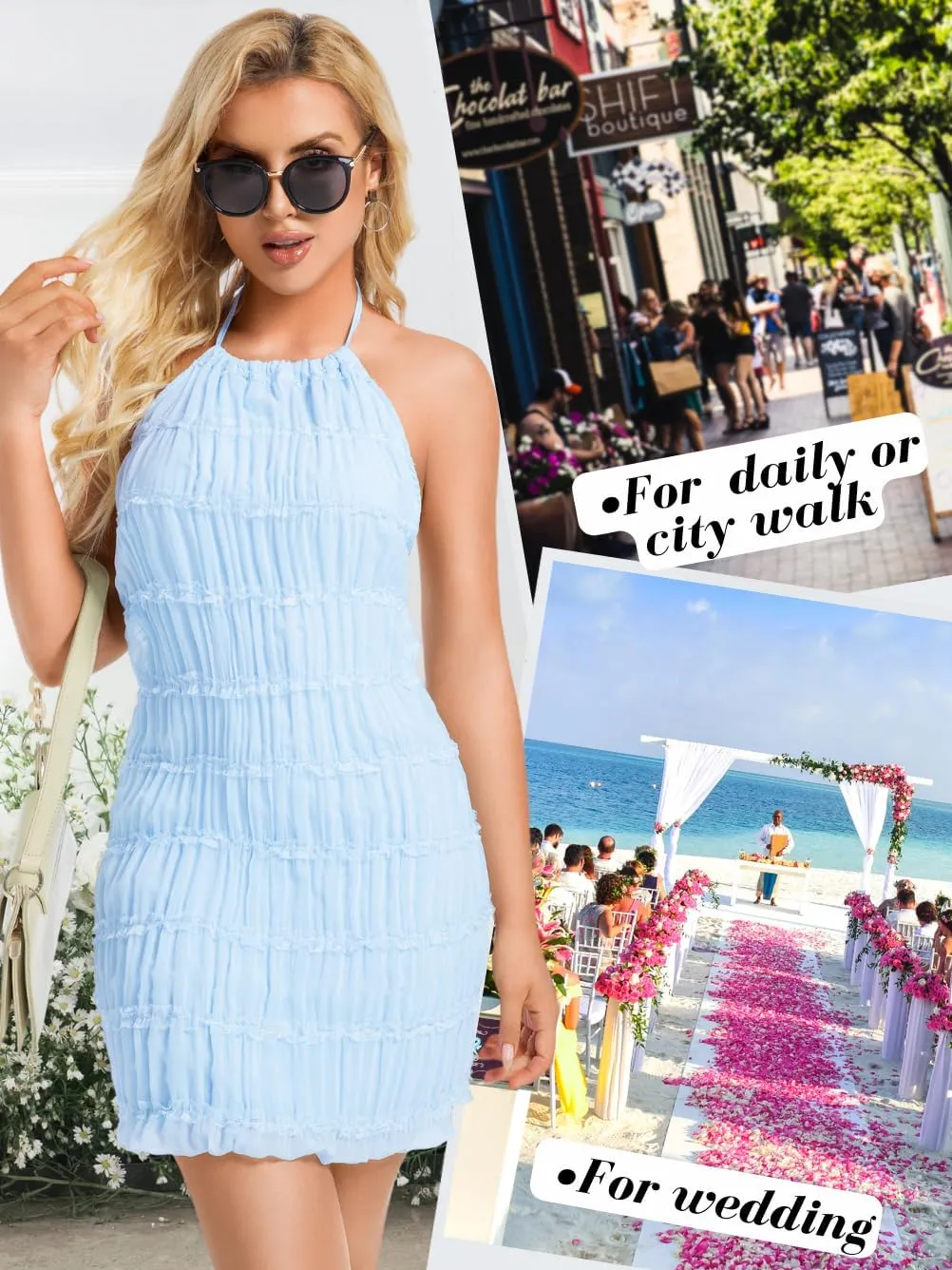 Kaei&Shi Summer Halter Chiffon Dresses,Backless Tiered Mini Dress,Women Ruched Lace Trim Beach Sundress