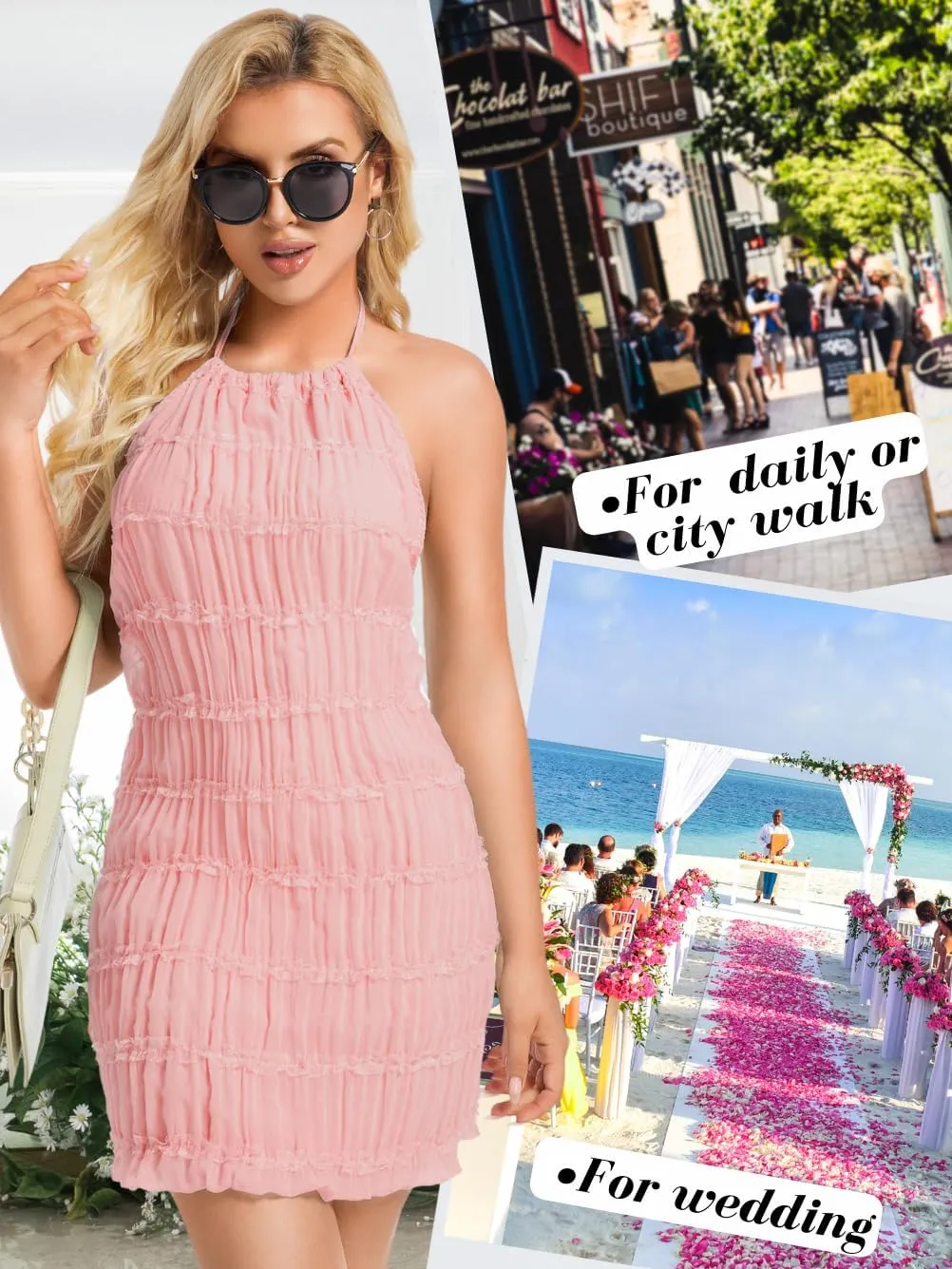 Kaei&Shi Summer Halter Chiffon Dresses,Backless Tiered Mini Dress,Women Ruched Lace Trim Beach Sundress
