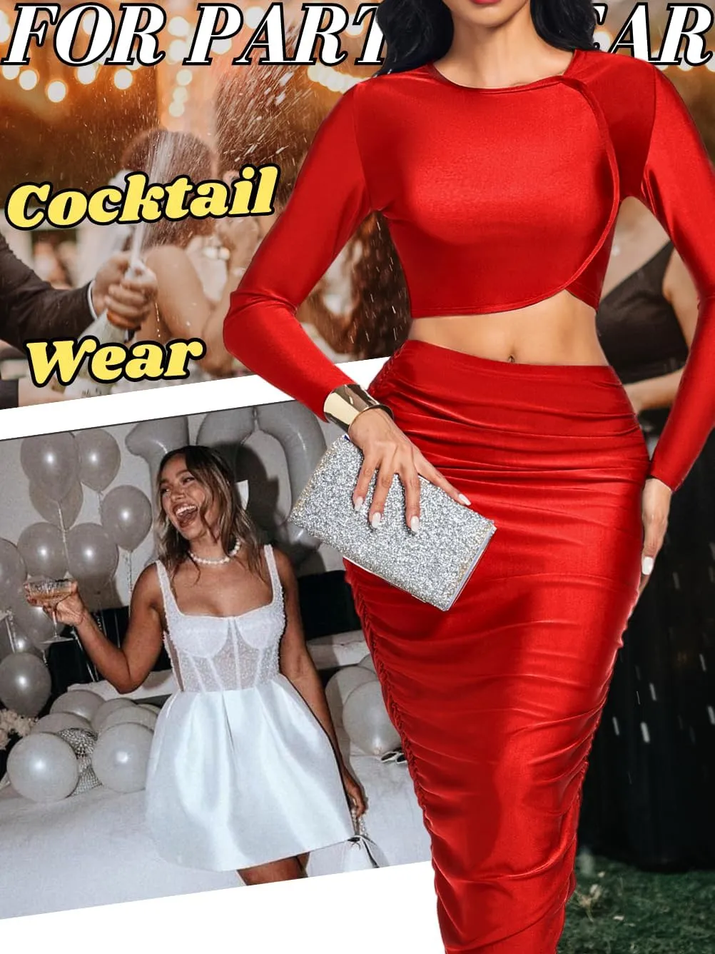 Kaei&Shi Two Piece Skirt Set for Women,Long Sleeve Top Maxi Skirts,Date Night Outfits Going Out Cocktail Party