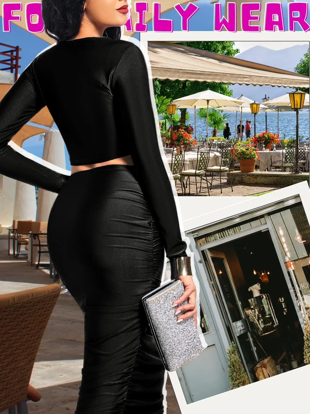 Kaei&Shi Two Piece Skirt Set for Women,Long Sleeve Top Maxi Skirts,Date Night Outfits Going Out Cocktail Party