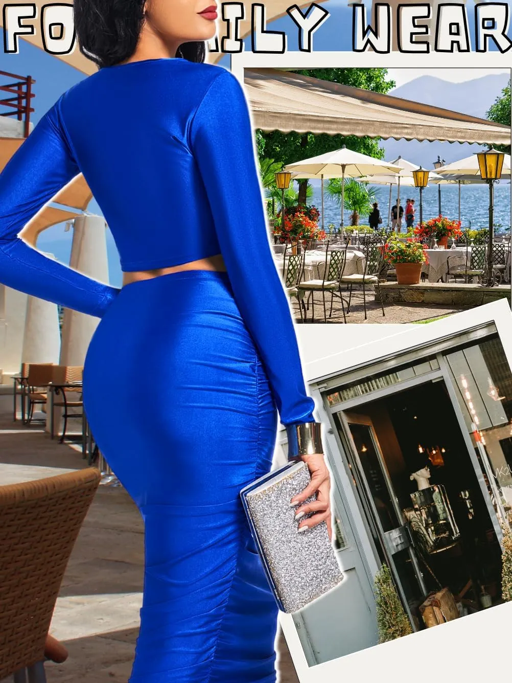Kaei&Shi Two Piece Skirt Set for Women,Long Sleeve Top Maxi Skirts,Date Night Outfits Going Out Cocktail Party