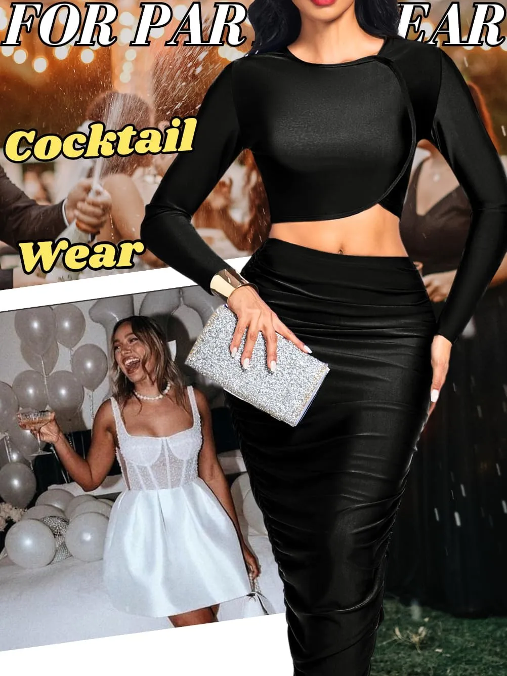Kaei&Shi Two Piece Skirt Set for Women,Long Sleeve Top Maxi Skirts,Date Night Outfits Going Out Cocktail Party