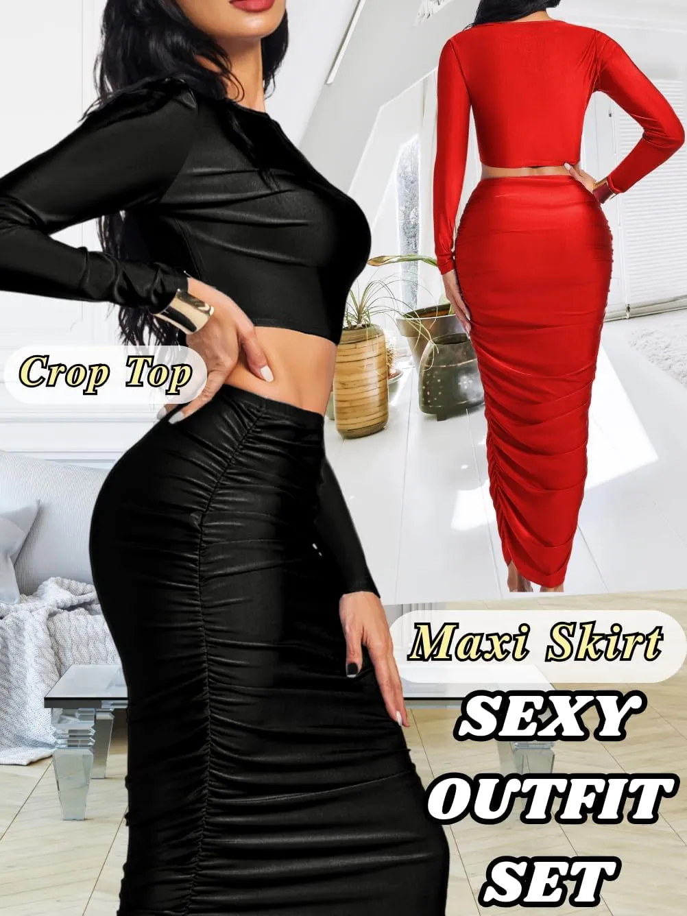 Kaei&Shi Two Piece Skirt Set for Women,Long Sleeve Top Maxi Skirts,Date Night Outfits Going Out Cocktail Party