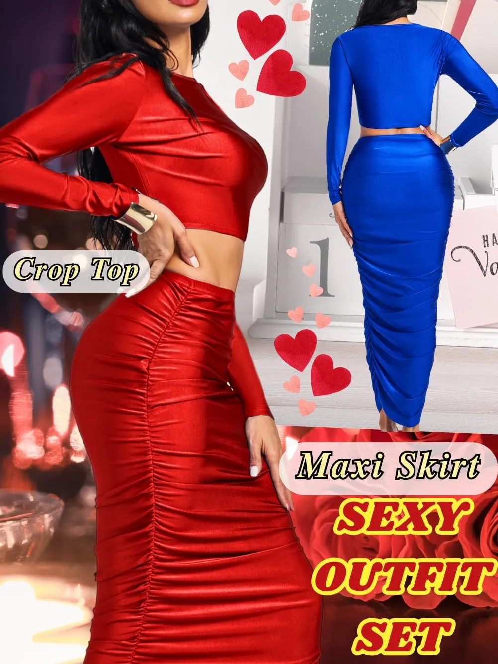 Kaei&Shi Two Piece Skirt Set for Women,Long Sleeve Top Maxi Skirts,Date Night Outfits Going Out Cocktail Party