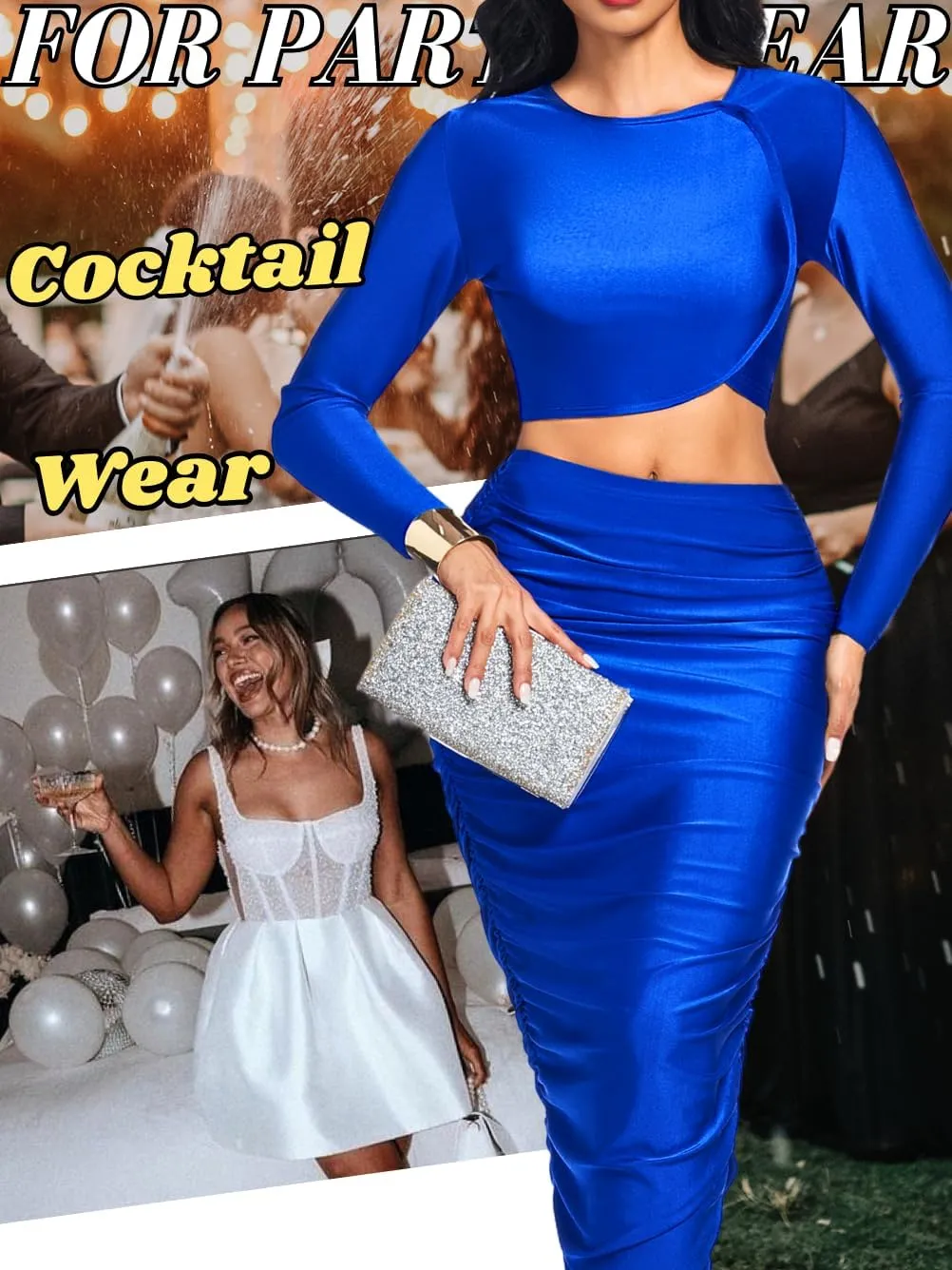 Kaei&Shi Two Piece Skirt Set for Women,Long Sleeve Top Maxi Skirts,Date Night Outfits Going Out Cocktail Party