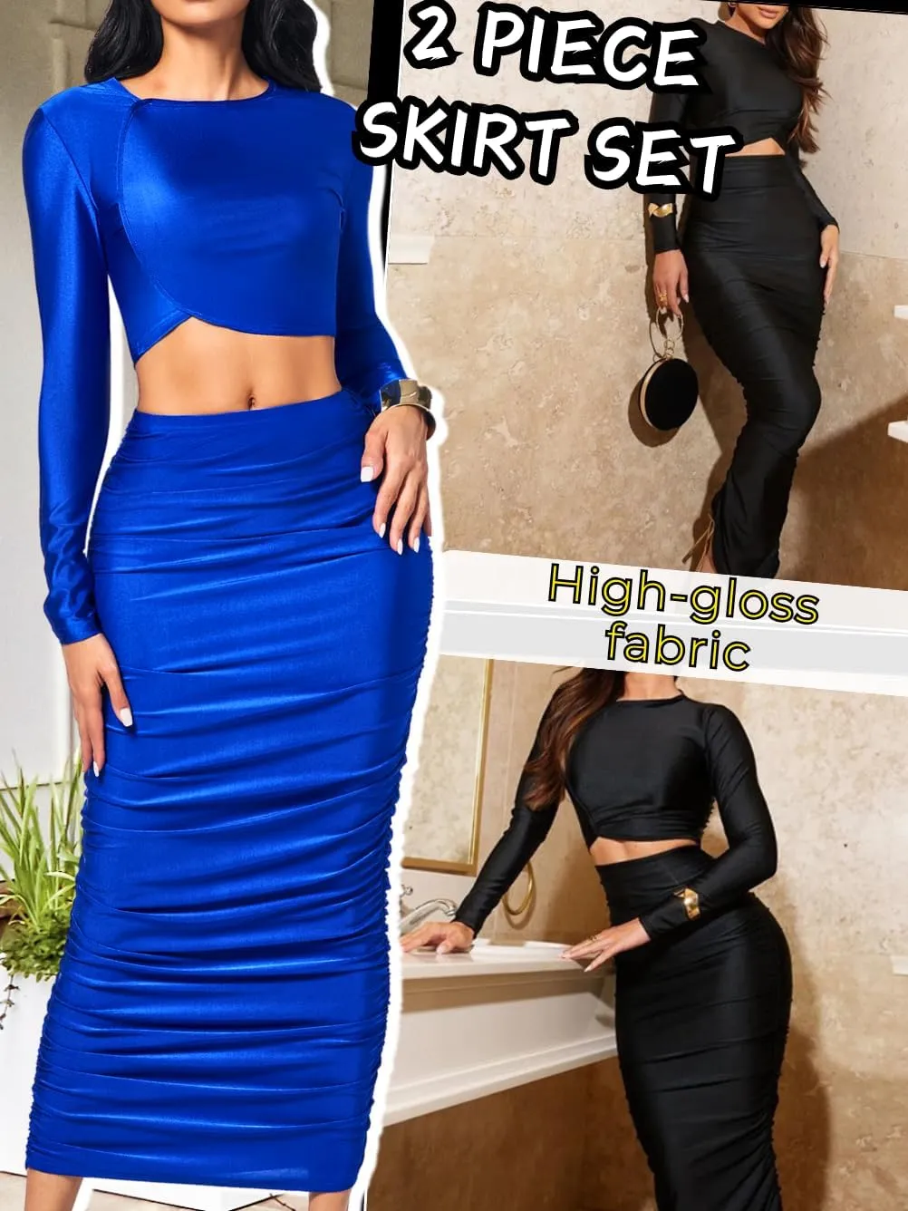 Kaei&Shi Two Piece Skirt Set for Women,Long Sleeve Top Maxi Skirts,Date Night Outfits Going Out Cocktail Party