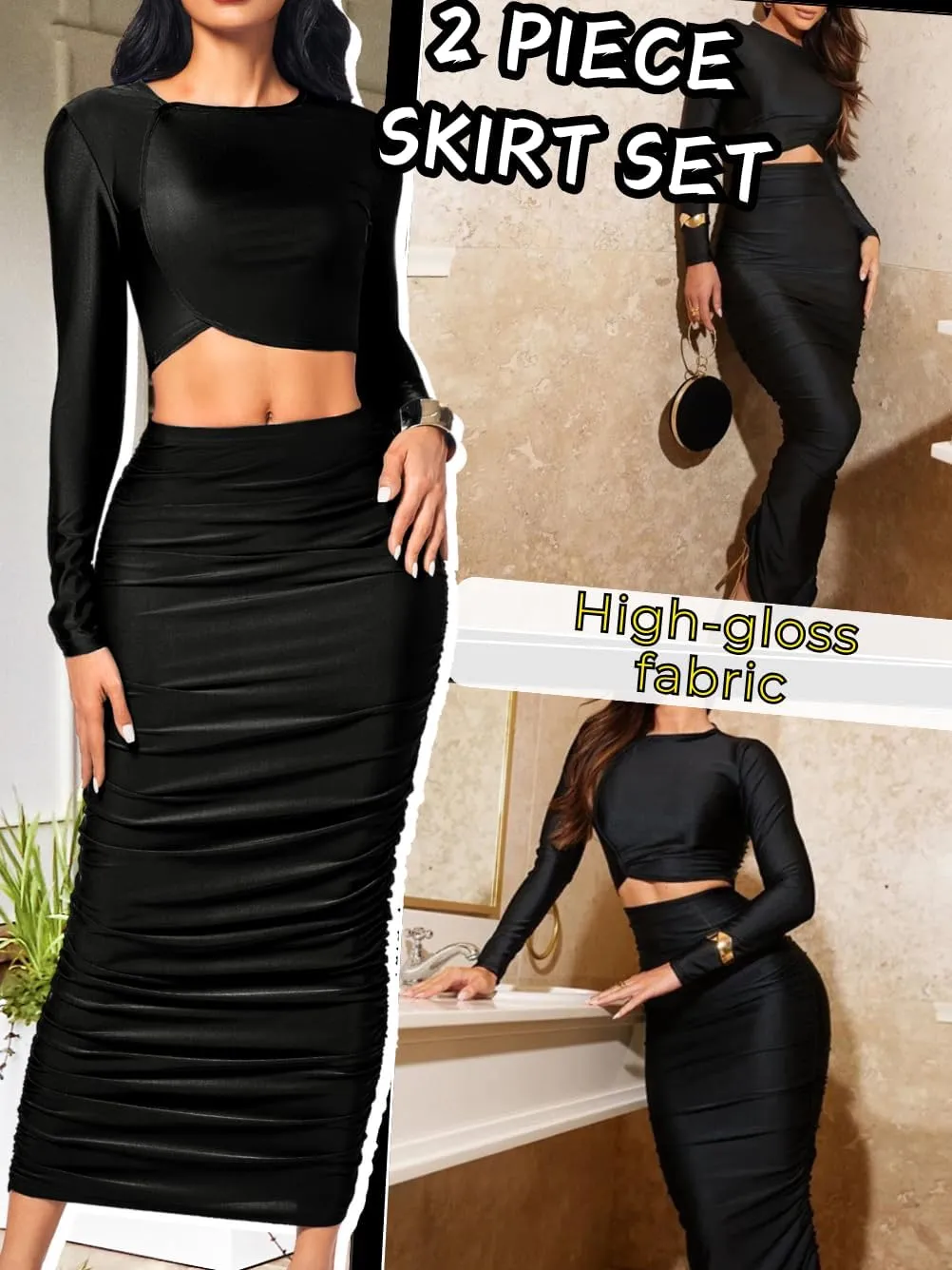 Kaei&Shi Two Piece Skirt Set for Women,Long Sleeve Top Maxi Skirts,Date Night Outfits Going Out Cocktail Party