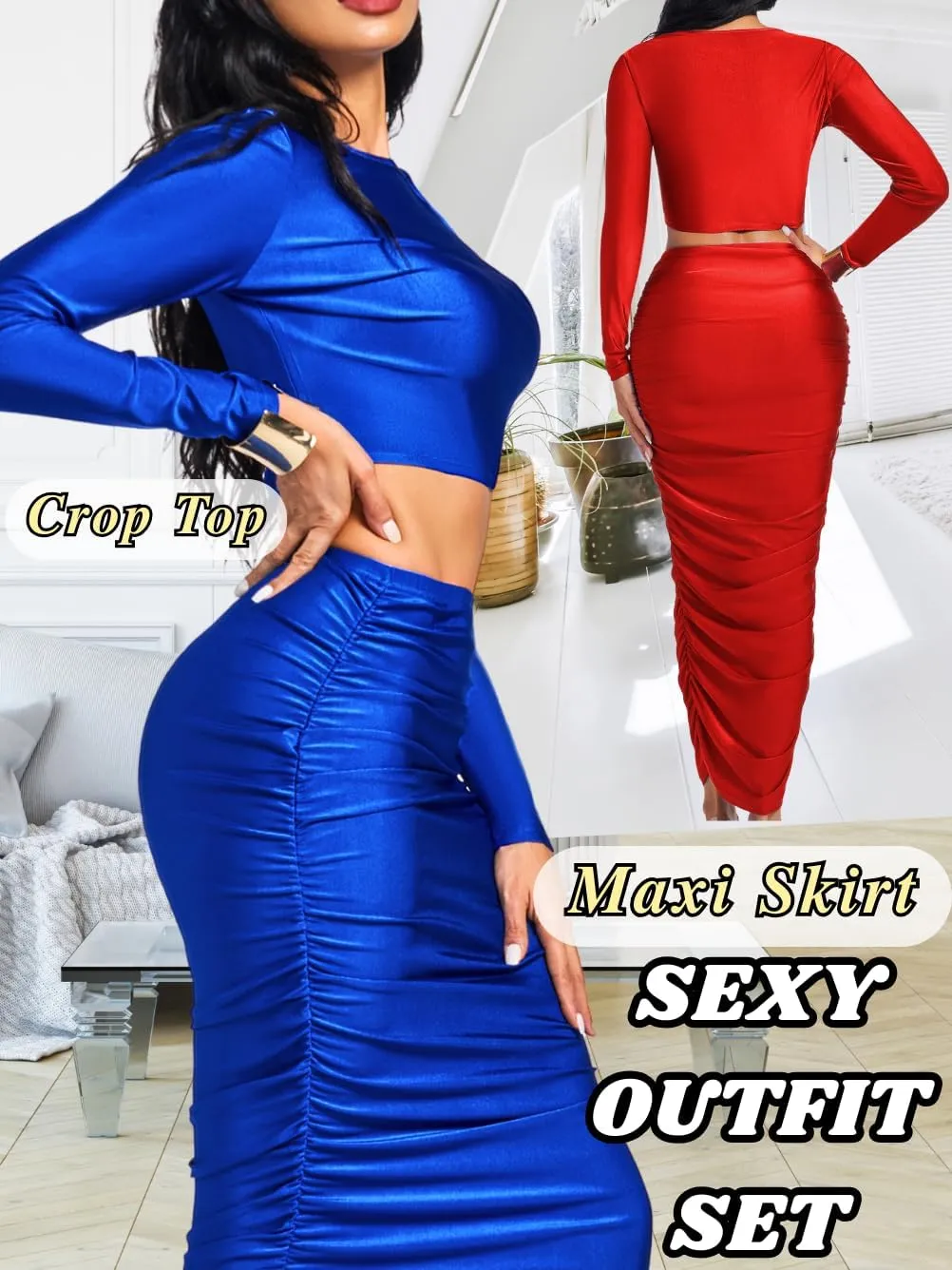 Kaei&Shi Two Piece Skirt Set for Women,Long Sleeve Top Maxi Skirts,Date Night Outfits Going Out Cocktail Party