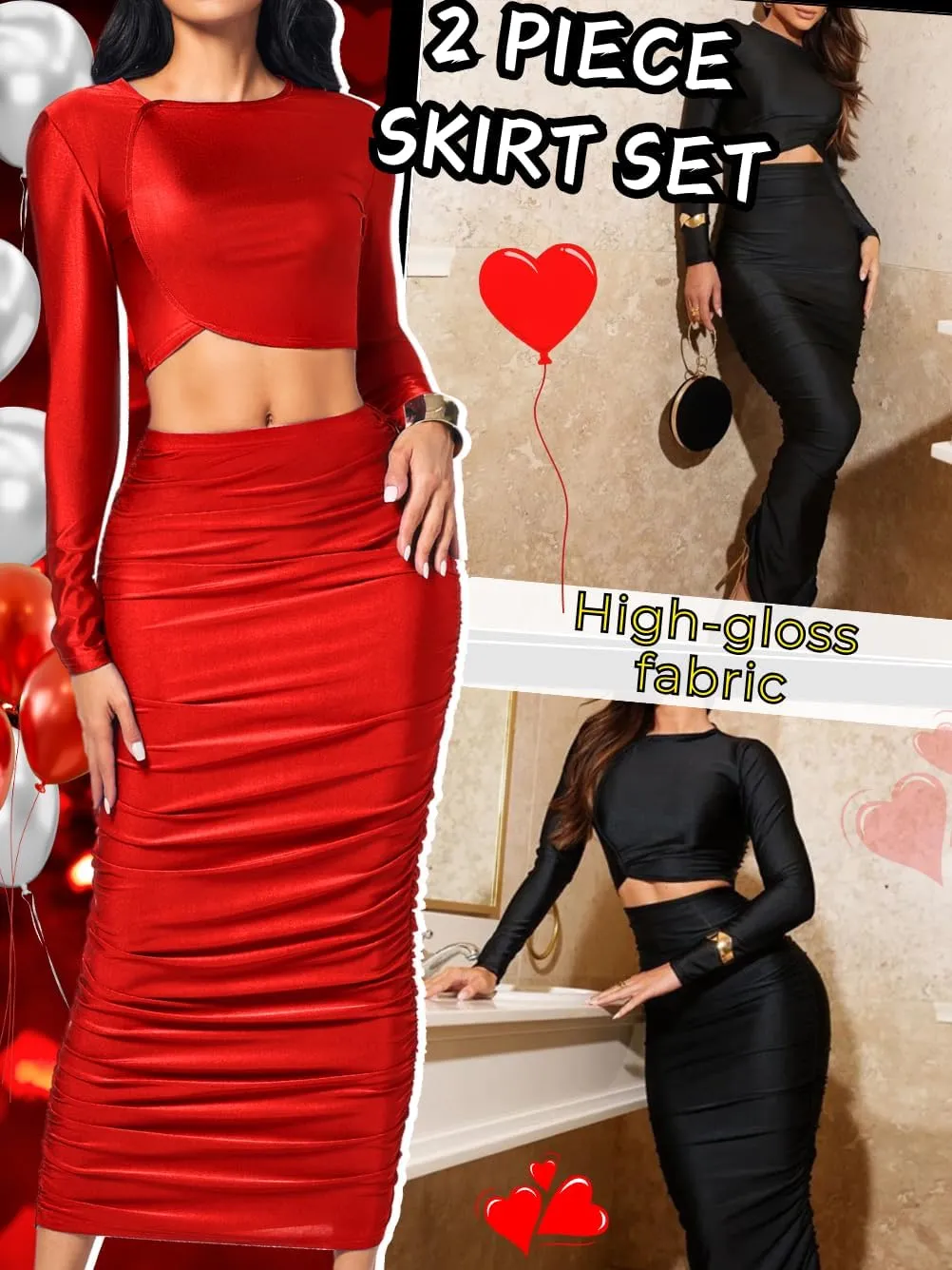 Kaei&Shi Two Piece Skirt Set for Women,Long Sleeve Top Maxi Skirts,Date Night Outfits Going Out Cocktail Party