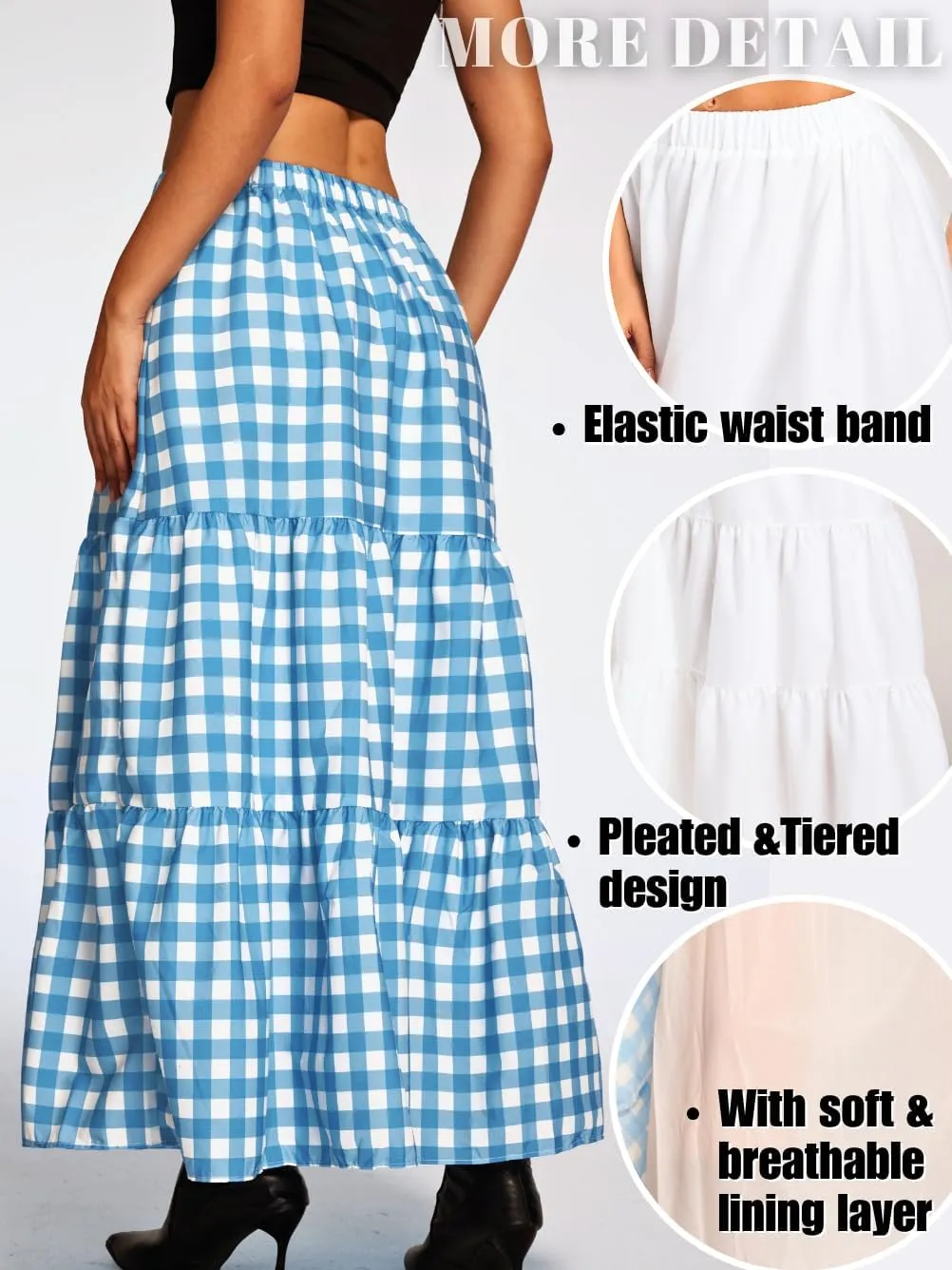 Kaei&Shi Womens Boho High Waisted Gingham Long Maxi Skirts Summer