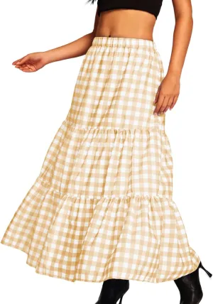 Kaei&Shi Womens Boho High Waisted Gingham Long Maxi Skirts Summer