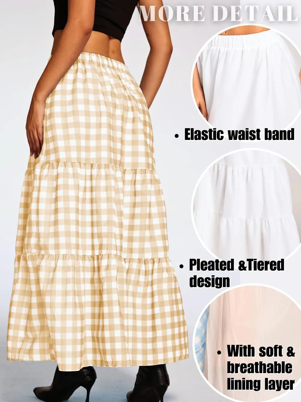 Kaei&Shi Womens Boho High Waisted Gingham Long Maxi Skirts Summer