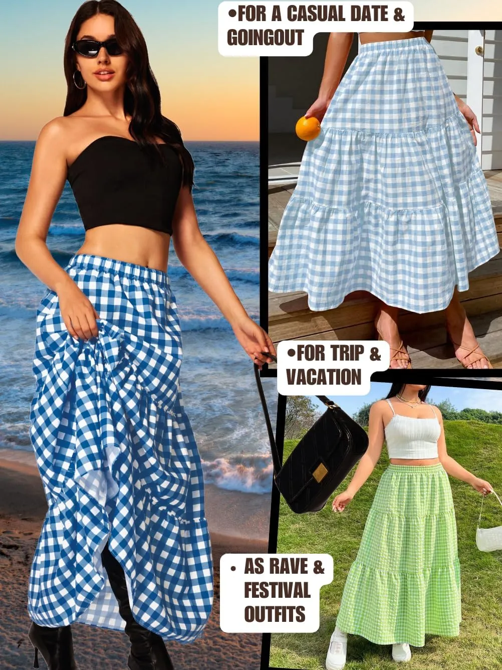 Kaei&Shi Womens Boho High Waisted Gingham Long Maxi Skirts Summer