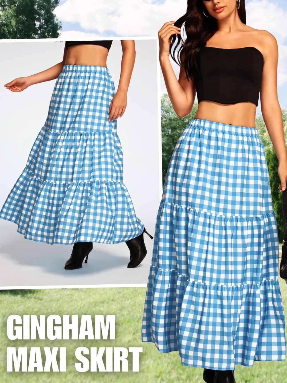 Kaei&Shi Womens Boho High Waisted Gingham Long Maxi Skirts Summer