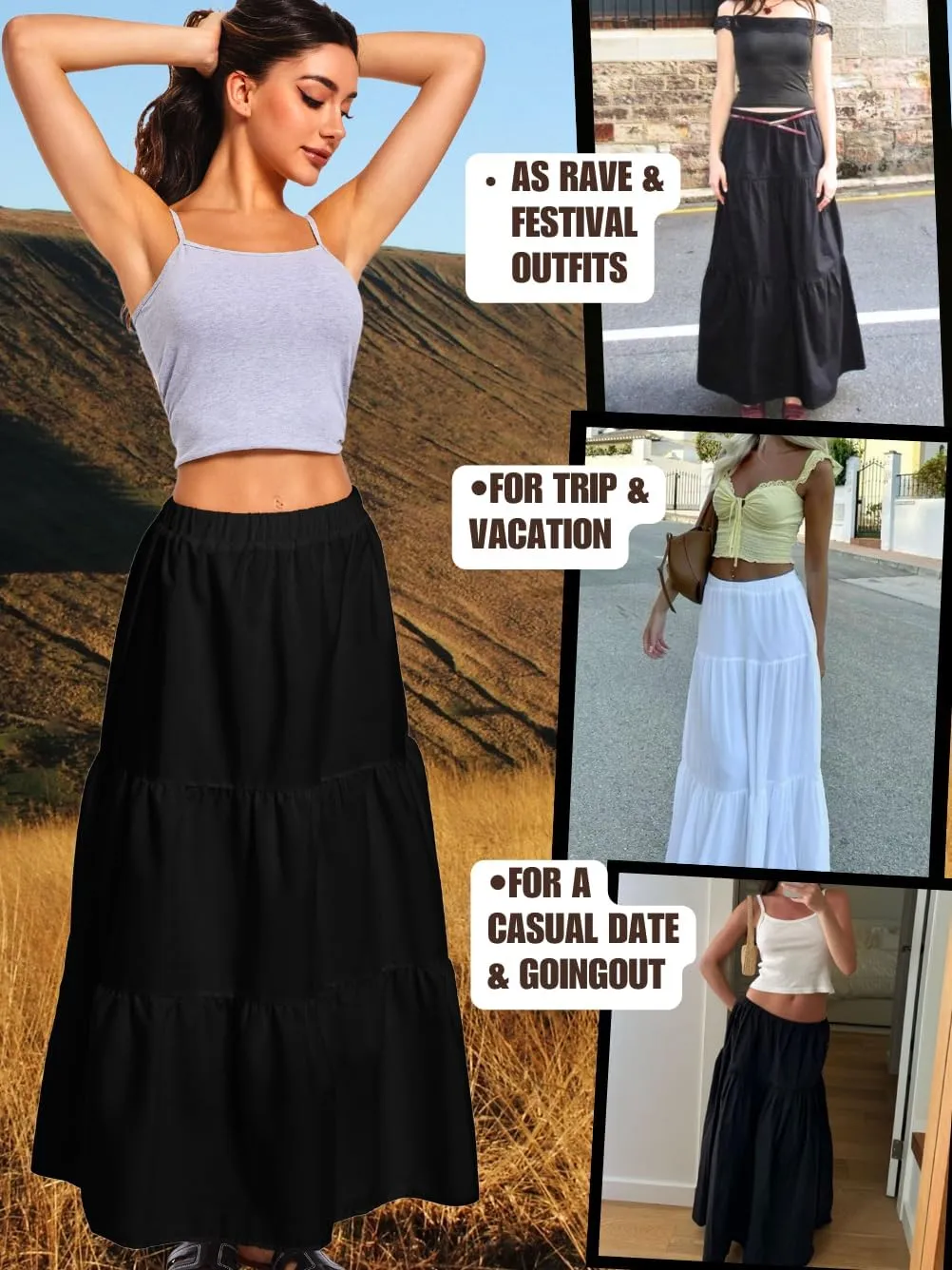 Kaei&Shi Womens Boho High Waisted Gingham Long Maxi Skirts Summer