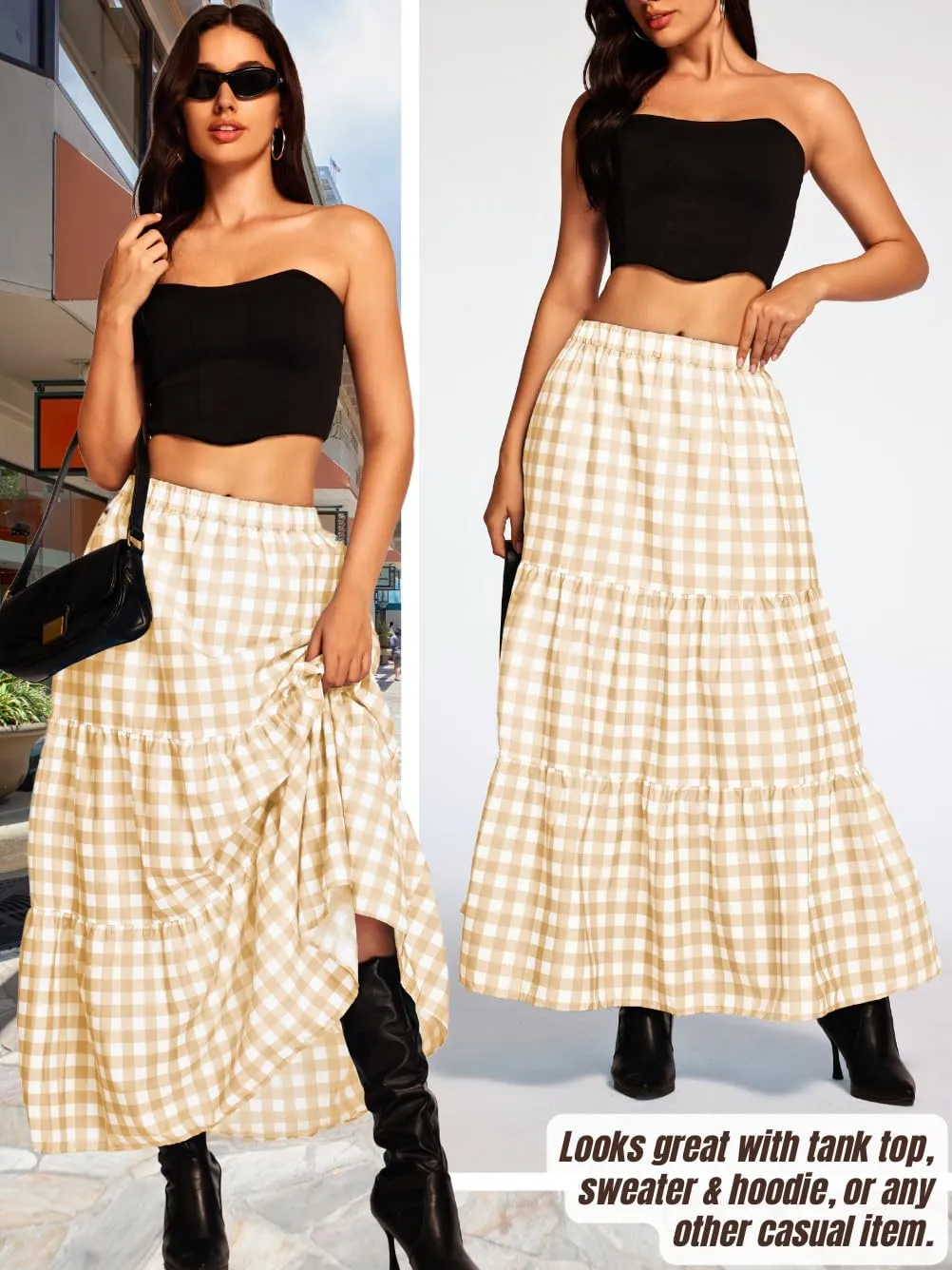 Kaei&Shi Womens Boho High Waisted Gingham Long Maxi Skirts Summer