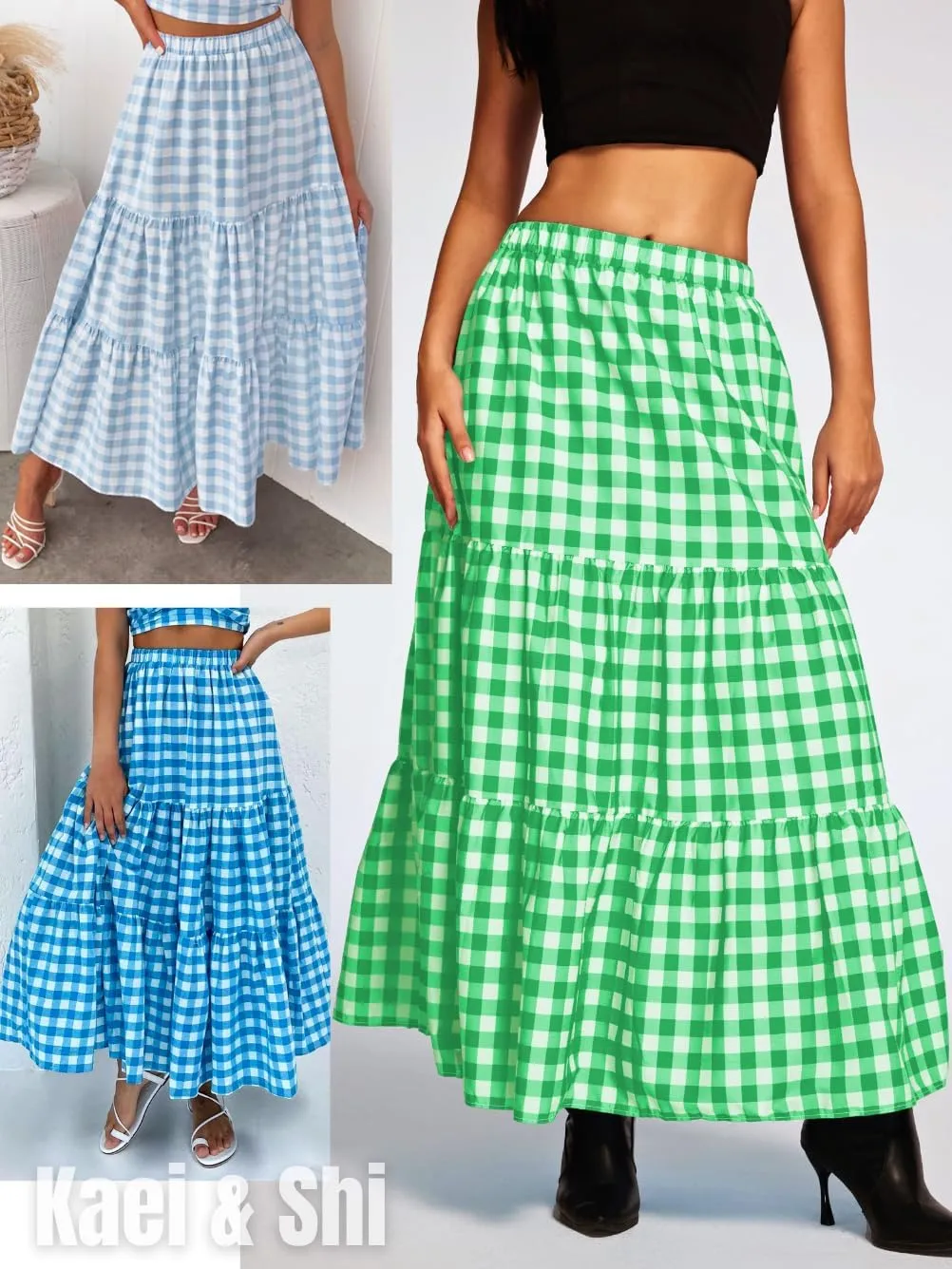 Kaei&Shi Womens Boho High Waisted Gingham Long Maxi Skirts Summer