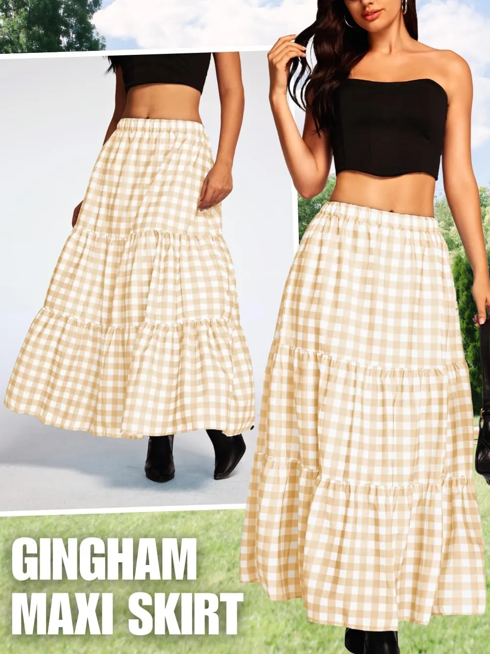 Kaei&Shi Womens Boho High Waisted Gingham Long Maxi Skirts Summer