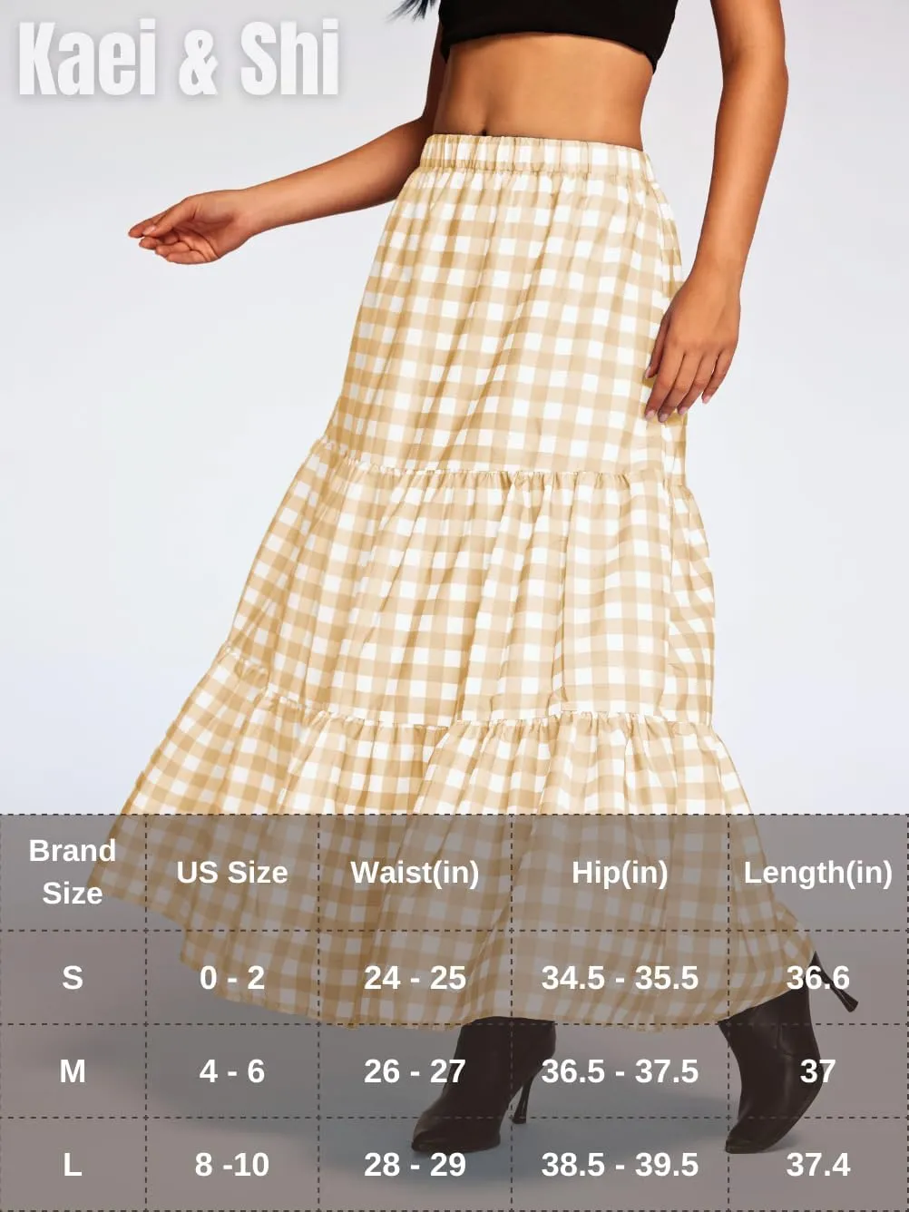 Kaei&Shi Womens Boho High Waisted Gingham Long Maxi Skirts Summer