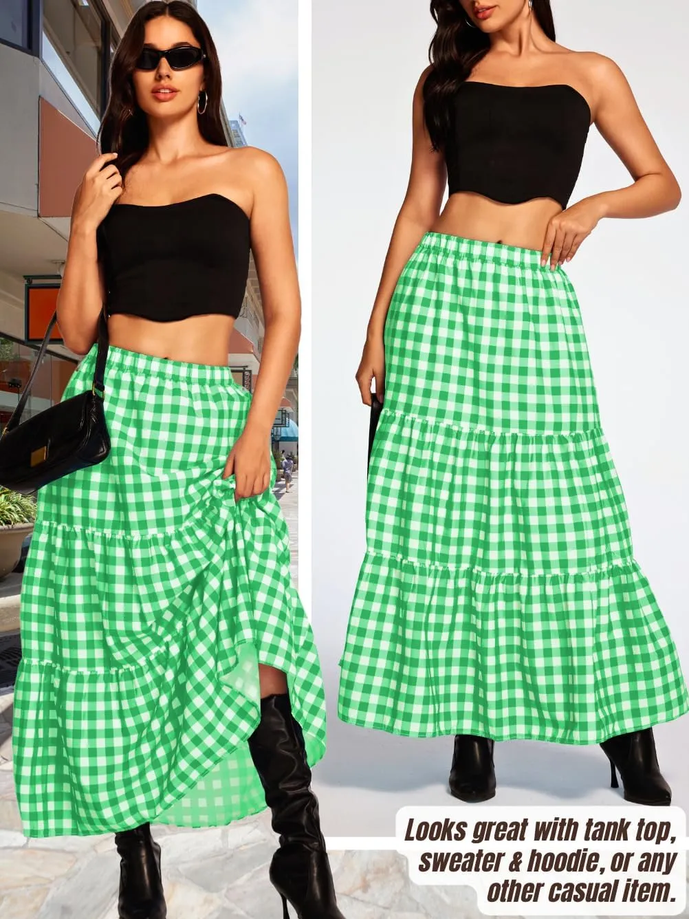 Kaei&Shi Womens Boho High Waisted Gingham Long Maxi Skirts Summer