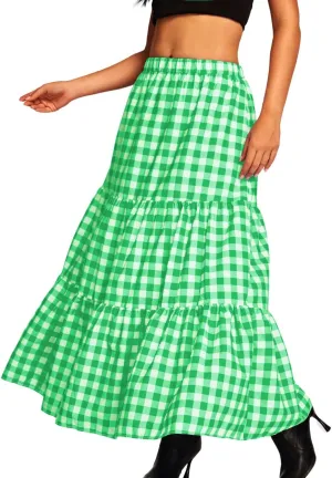 Kaei&Shi Womens Boho High Waisted Gingham Long Maxi Skirts Summer