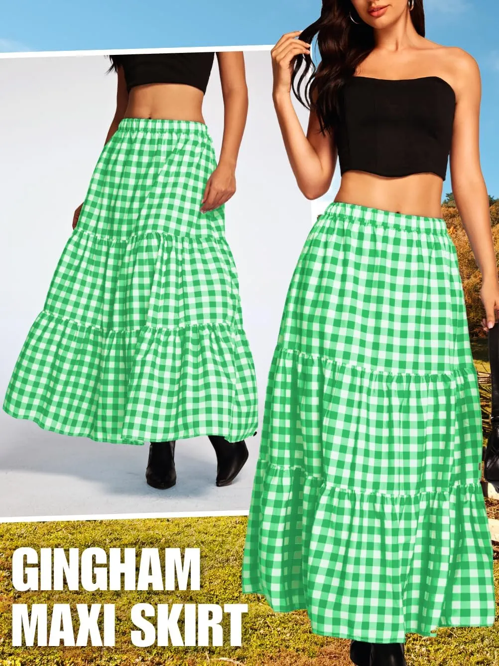 Kaei&Shi Womens Boho High Waisted Gingham Long Maxi Skirts Summer