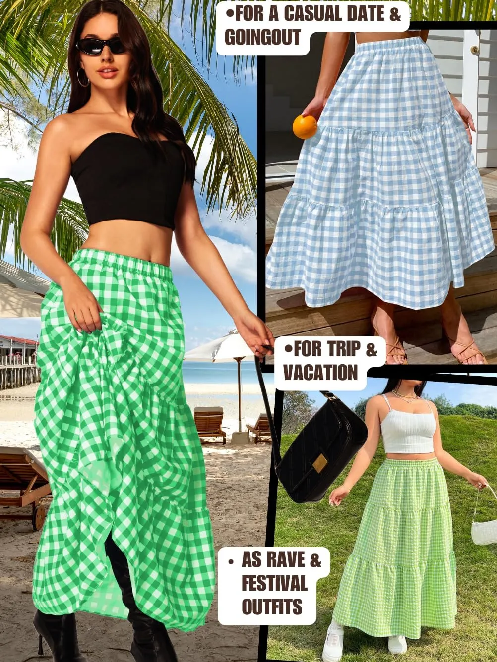 Kaei&Shi Womens Boho High Waisted Gingham Long Maxi Skirts Summer