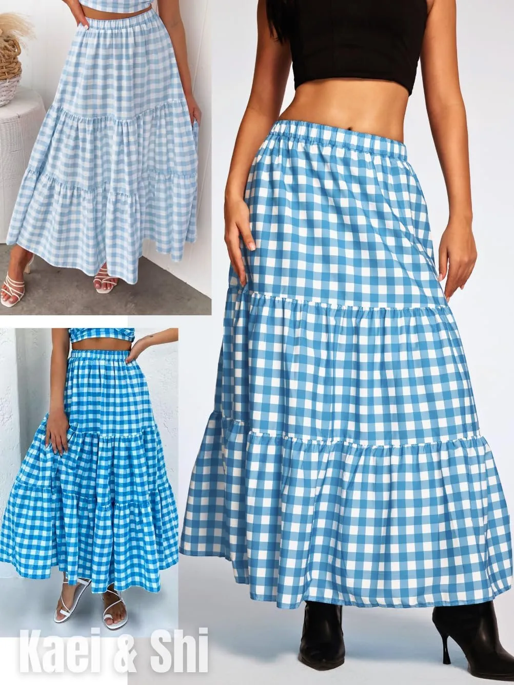 Kaei&Shi Womens Boho High Waisted Gingham Long Maxi Skirts Summer