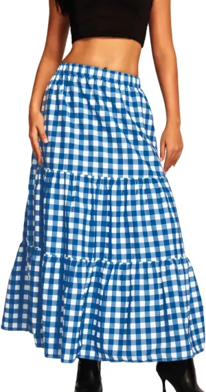 Kaei&Shi Womens Boho High Waisted Gingham Long Maxi Skirts Summer