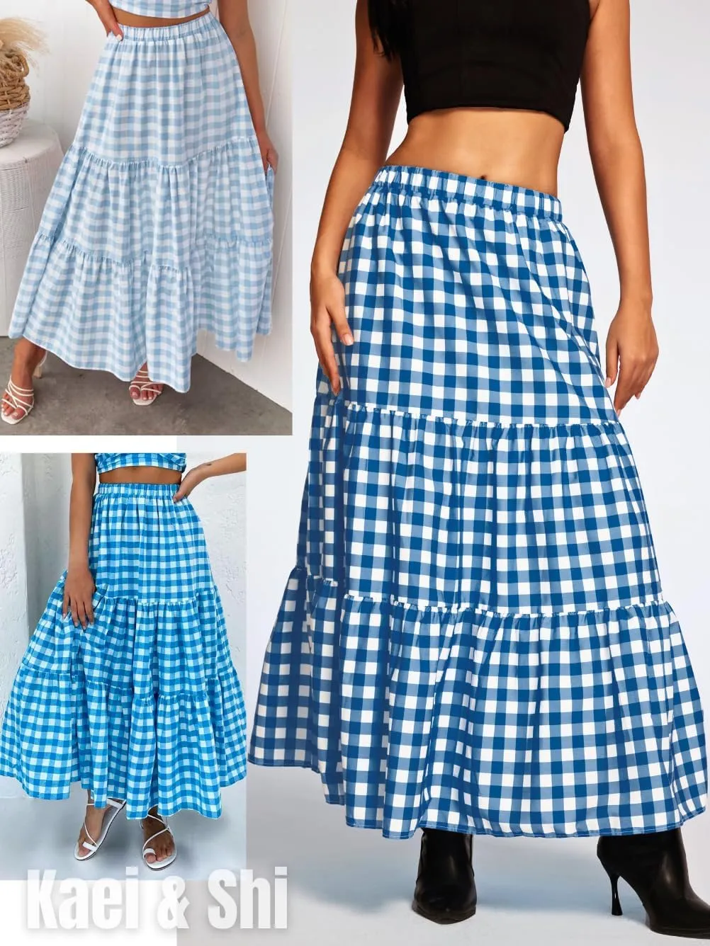 Kaei&Shi Womens Boho High Waisted Gingham Long Maxi Skirts Summer