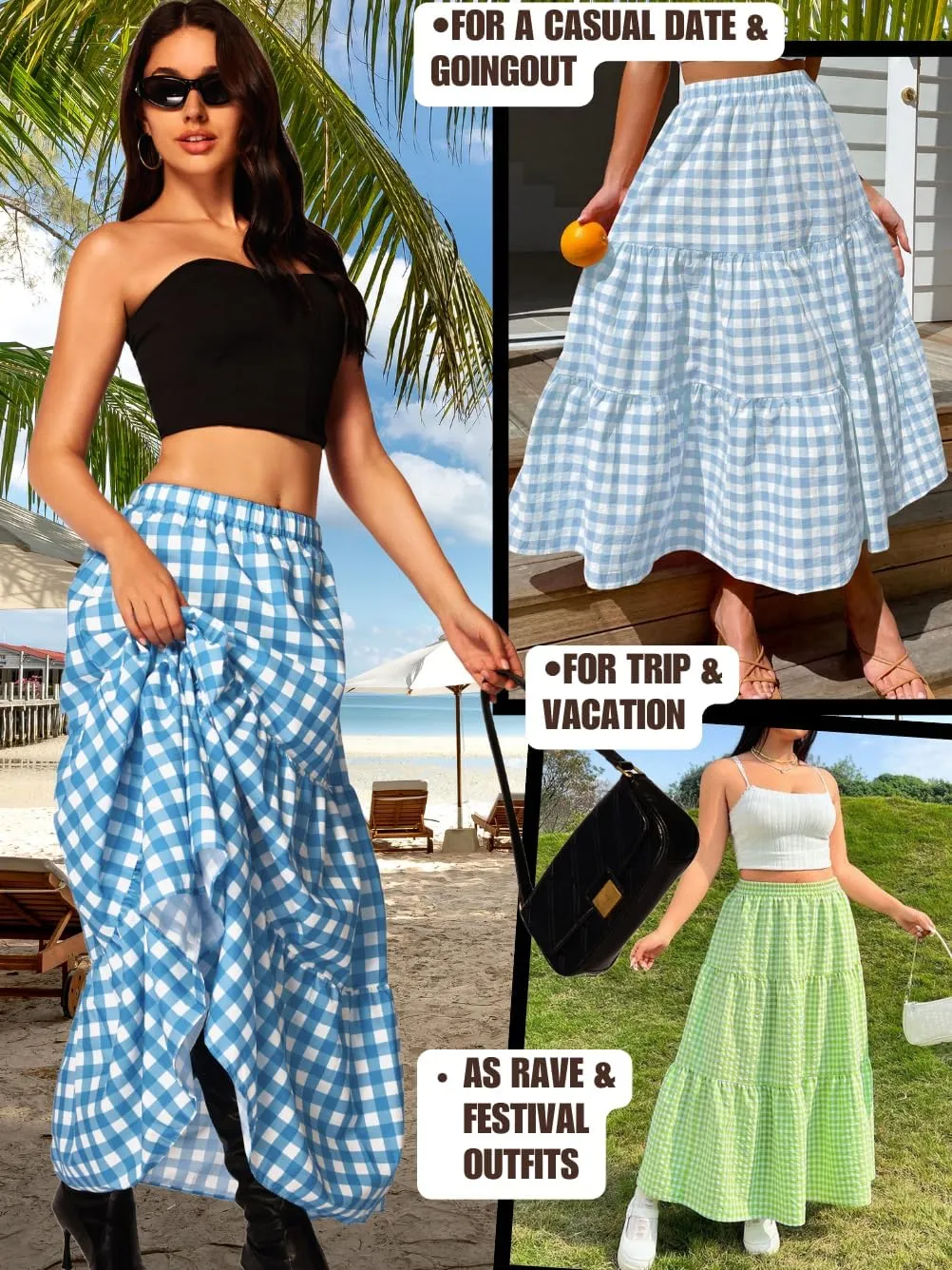 Kaei&Shi Womens Boho High Waisted Gingham Long Maxi Skirts Summer
