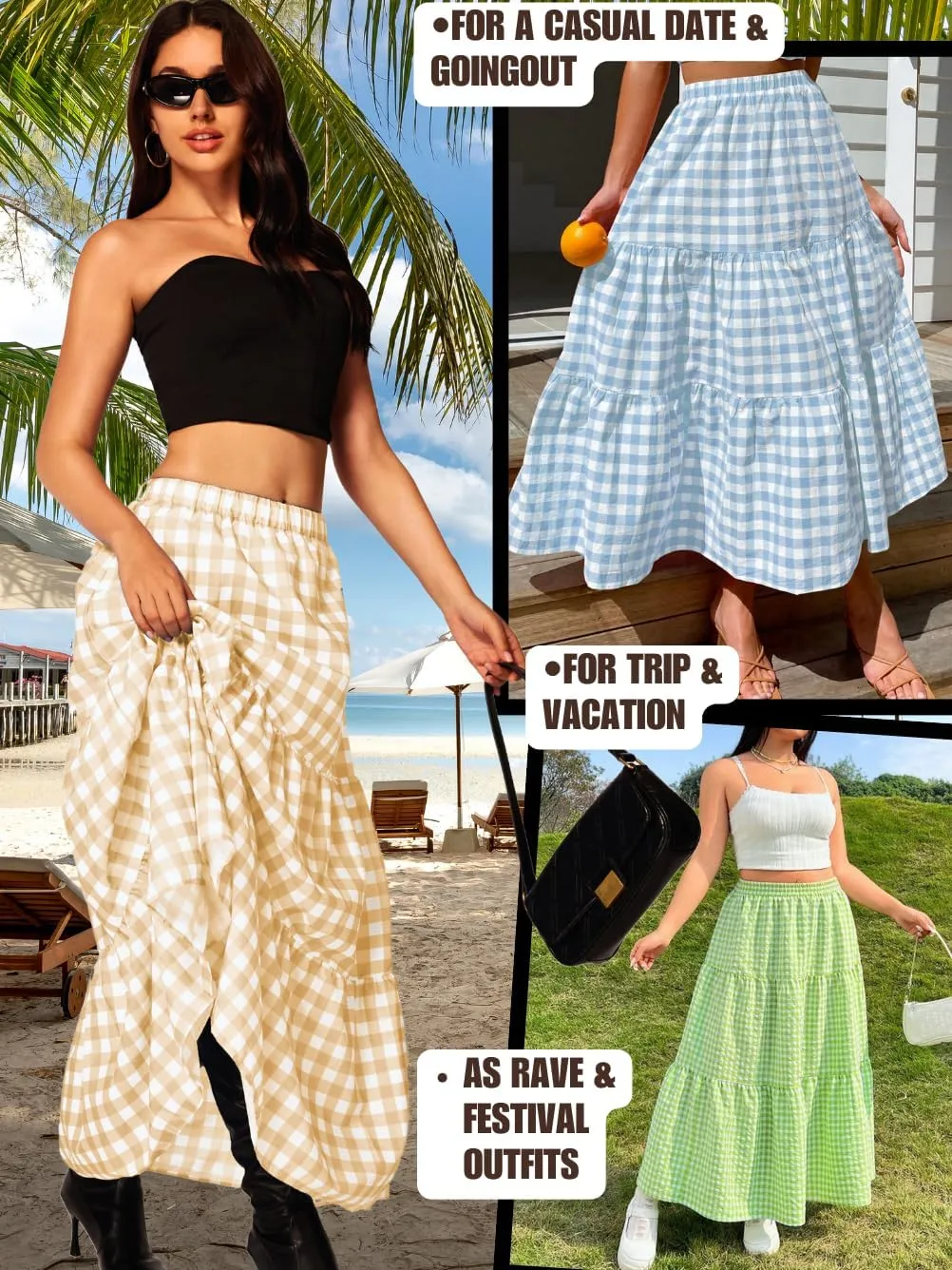 Kaei&Shi Womens Boho High Waisted Gingham Long Maxi Skirts Summer
