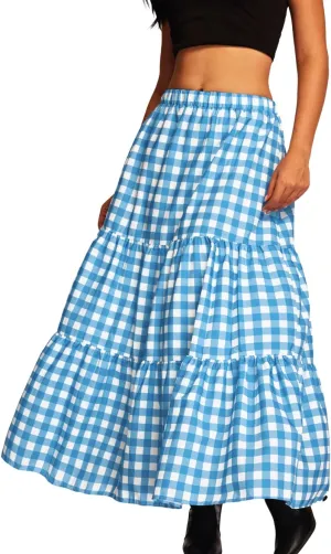 Kaei&Shi Womens Boho High Waisted Gingham Long Maxi Skirts Summer
