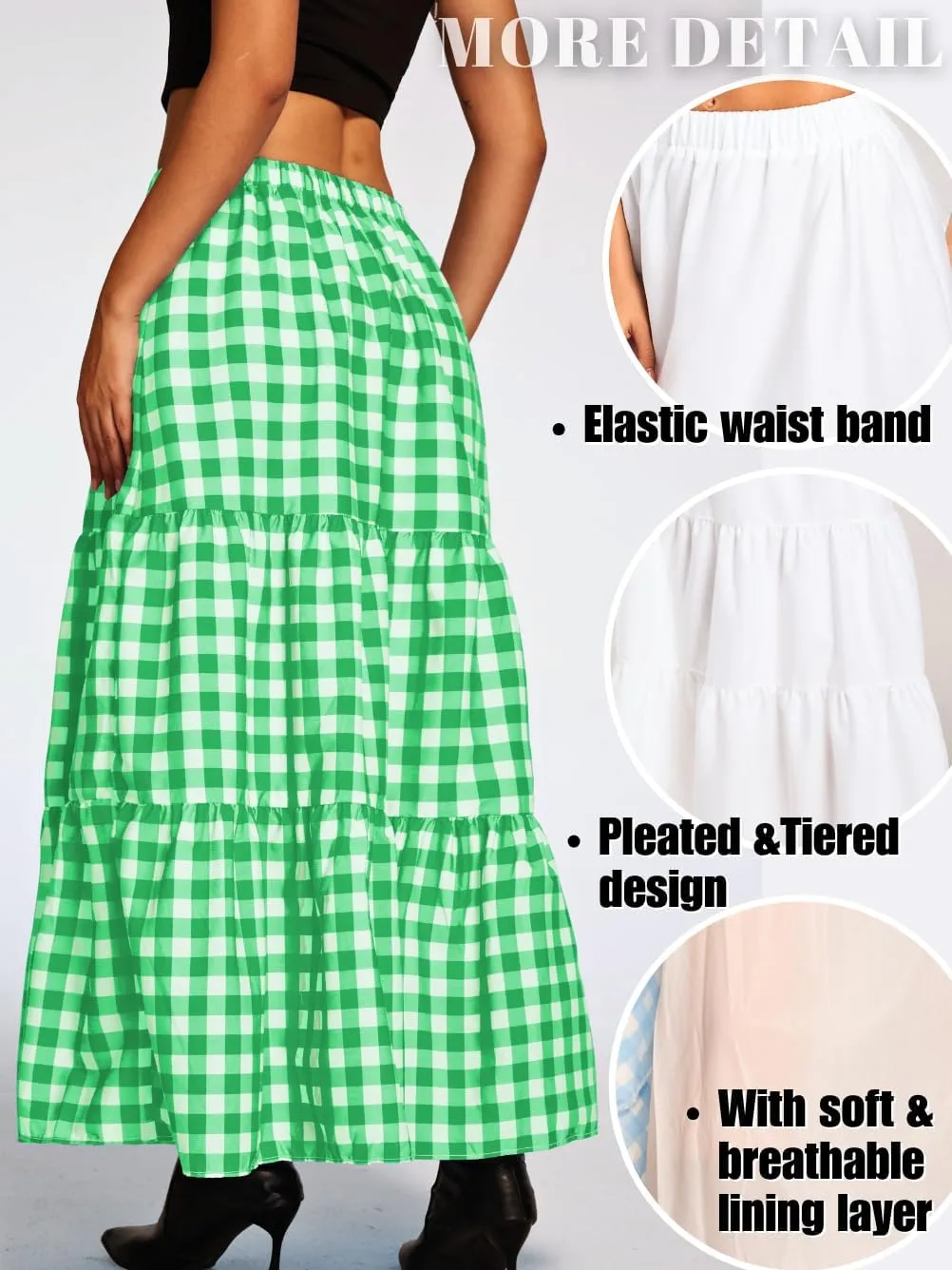 Kaei&Shi Womens Boho High Waisted Gingham Long Maxi Skirts Summer