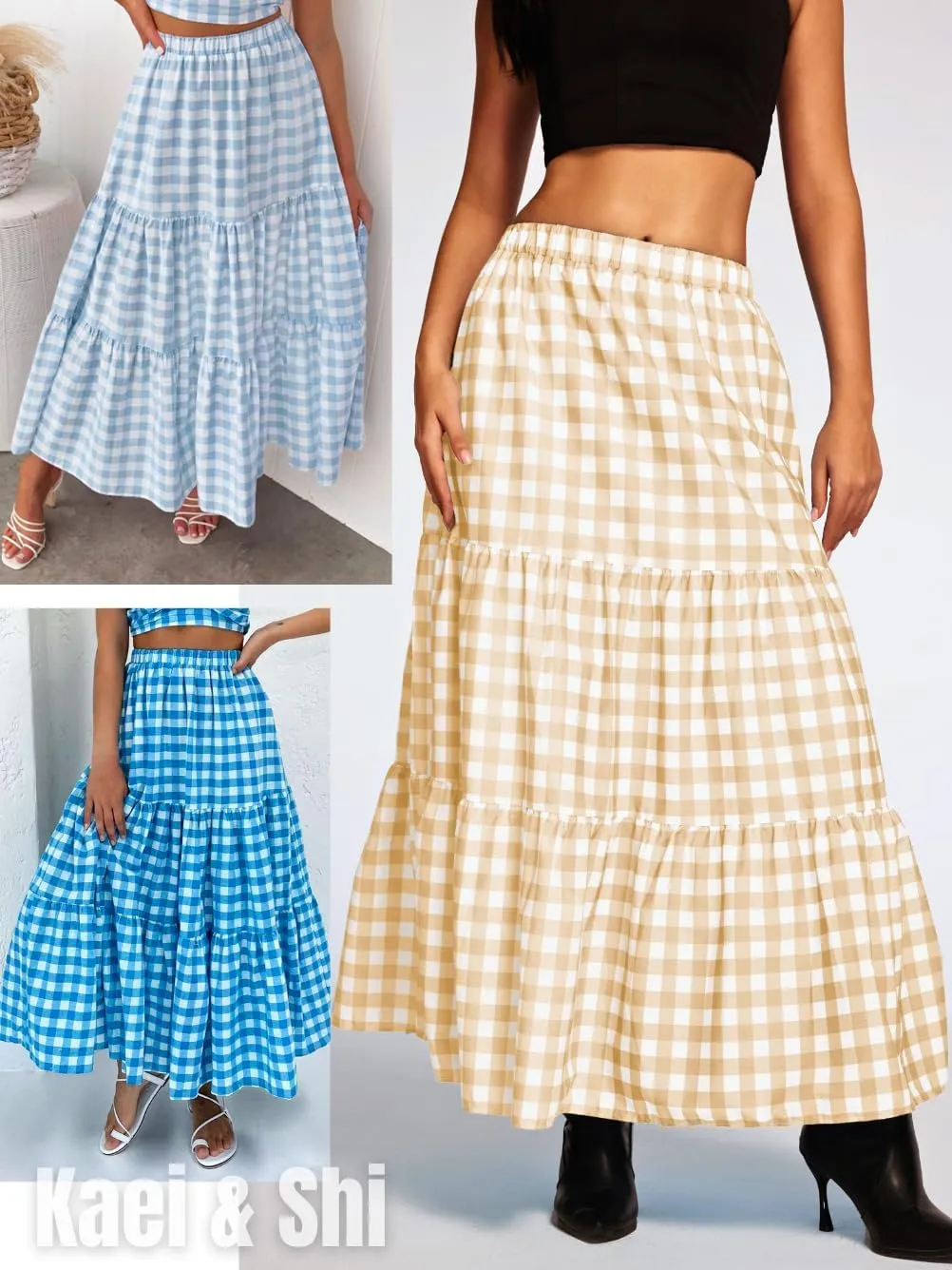Kaei&Shi Womens Boho High Waisted Gingham Long Maxi Skirts Summer