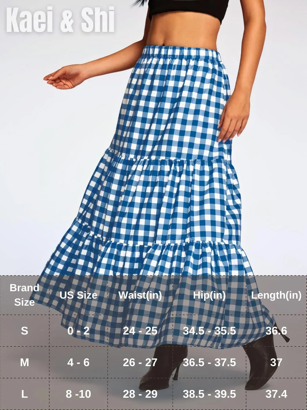 Kaei&Shi Womens Boho High Waisted Gingham Long Maxi Skirts Summer