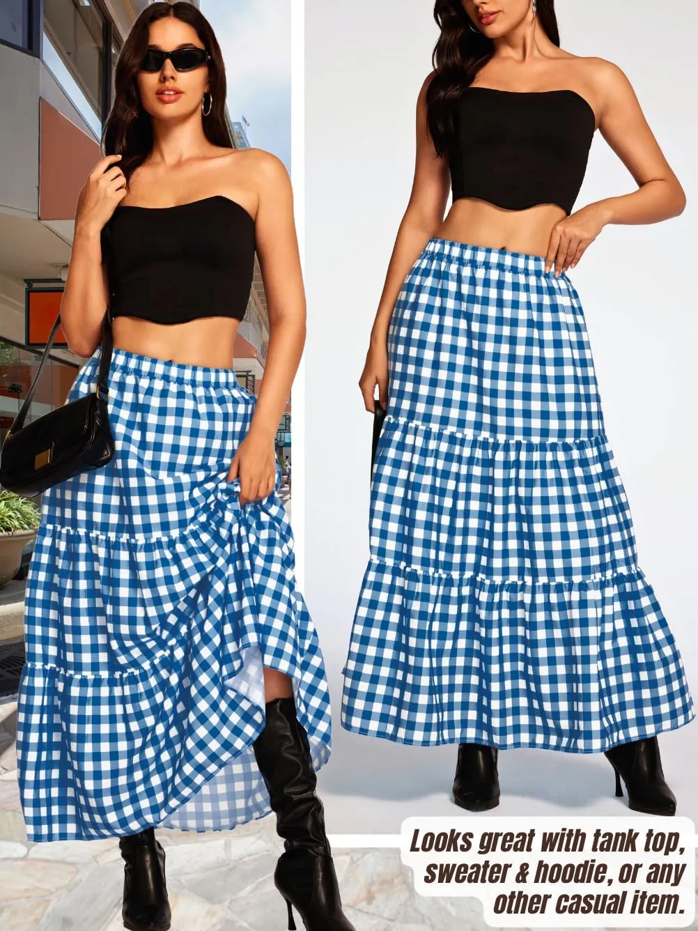 Kaei&Shi Womens Boho High Waisted Gingham Long Maxi Skirts Summer