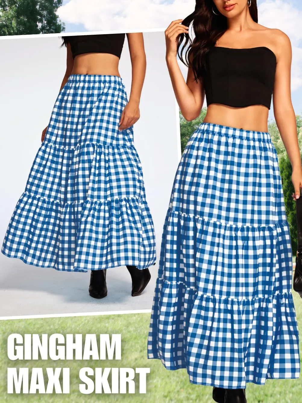 Kaei&Shi Womens Boho High Waisted Gingham Long Maxi Skirts Summer