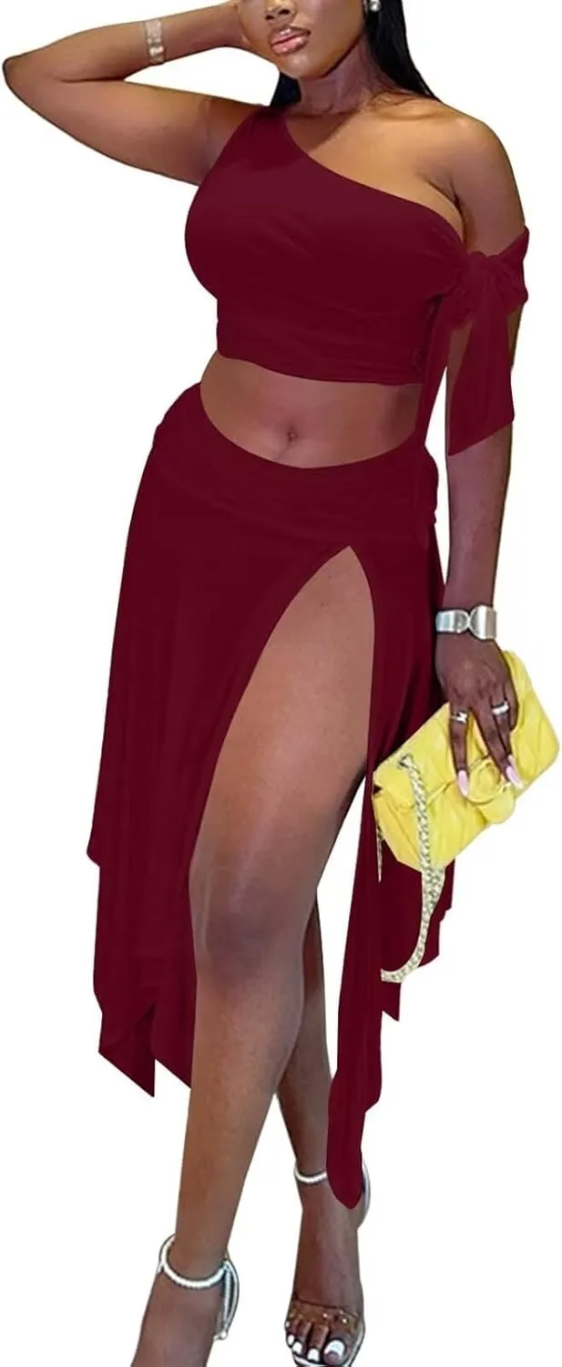 Kafiloe Women 2 Piece Skirt Sets Sexy One Off Shoulder Crop Top Ruched Waist High Split Maxi Dress Birthday Outfits
