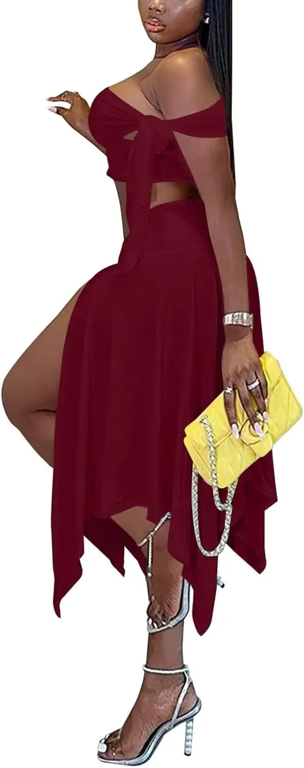 Kafiloe Women 2 Piece Skirt Sets Sexy One Off Shoulder Crop Top Ruched Waist High Split Maxi Dress Birthday Outfits