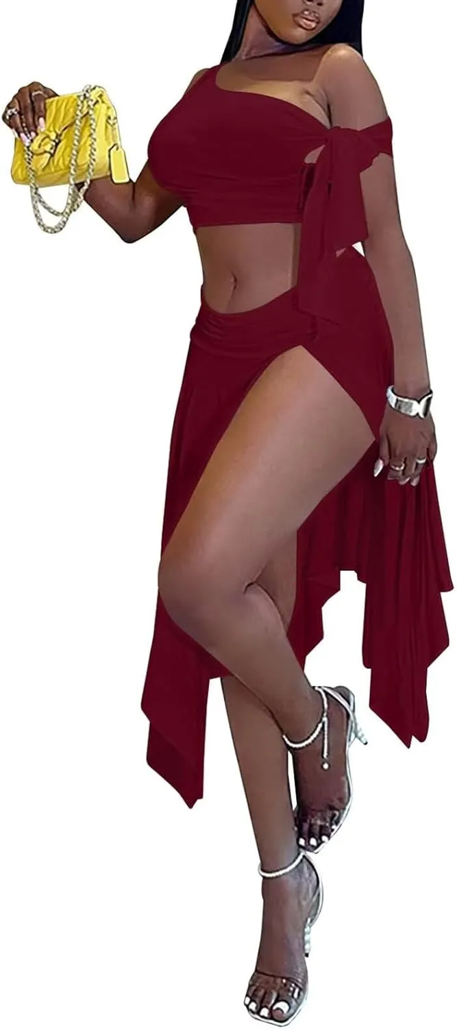 Kafiloe Women 2 Piece Skirt Sets Sexy One Off Shoulder Crop Top Ruched Waist High Split Maxi Dress Birthday Outfits