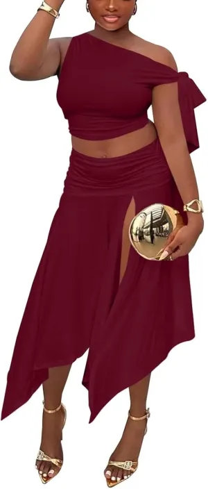 Kafiloe Women 2 Piece Skirt Sets Sexy One Off Shoulder Crop Top Ruched Waist High Split Maxi Dress Birthday Outfits