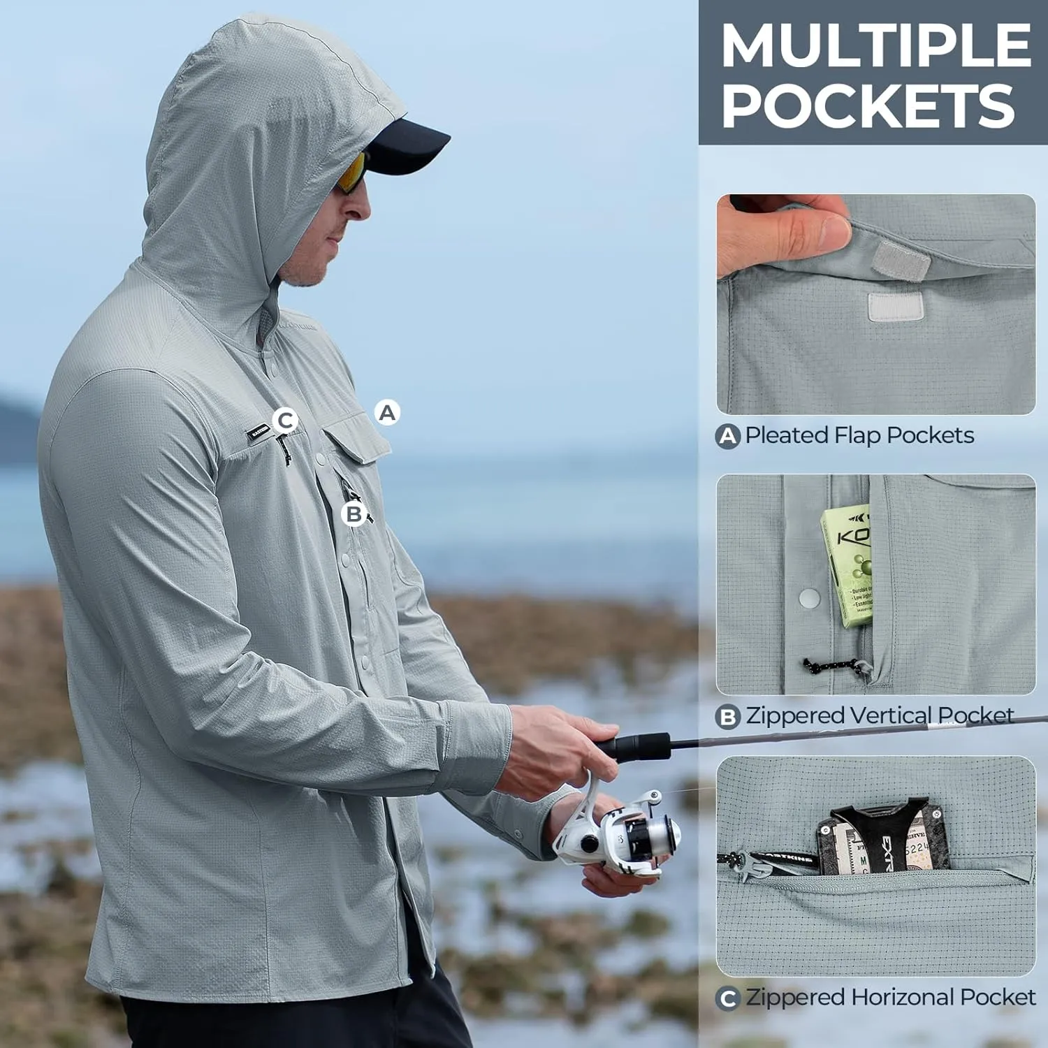 KastKing Baxter Pass UPF 50  Long Sleeve Shirt with Hood - Breathable, Quick-Dry, 4-Way Stretch, Multi Design for Outdoors