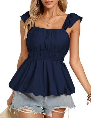 Kate Kasin Cute Ruffle Babydoll Tank Tops for Women Casual Summer Square Neck Sleeveless Peplum Tops Shirts