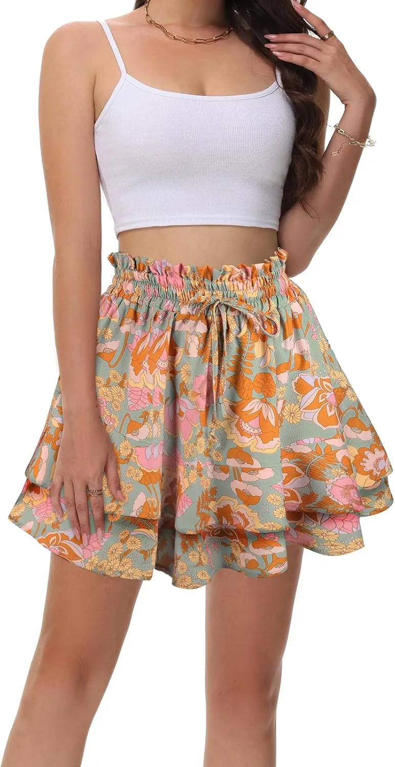 Kimmery Women's Boho Ruffle Skirt Floral Tiered Mini Skirts with Shorts Underneath