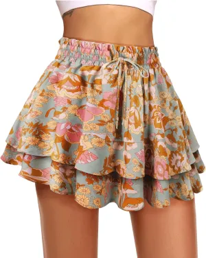 Kimmery Women's Boho Ruffle Skirt Floral Tiered Mini Skirts with Shorts Underneath